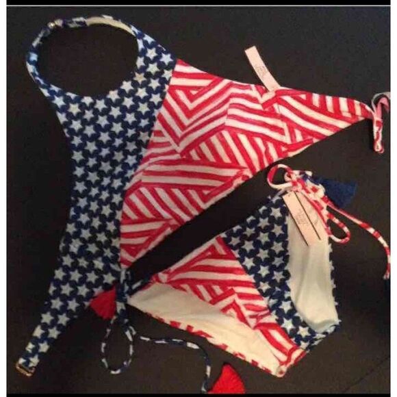 Victoria's Secret high-neck M BIKINI America USA Flag Stripe Star White Blue RED